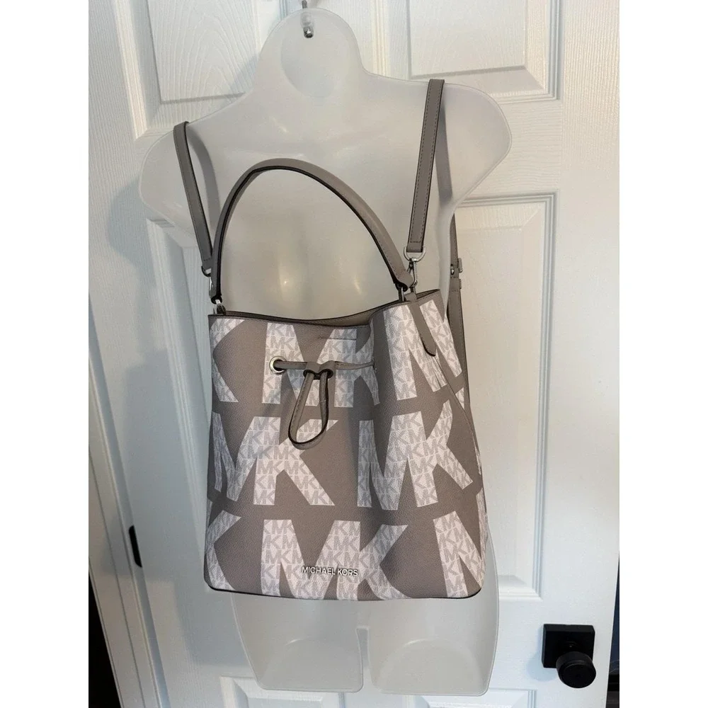 Michael Kors Suri Gray White Monogram Logo Print Convertible Bucket Backpack Bag